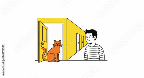A cheerful boy with a striped shirt observes an orange cat near a doorway