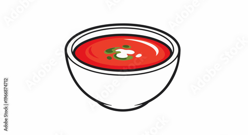 A vibrant bowl of tomato gazpacho soup, garnished with green herbs