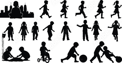Children silhouettes collection showing kids running, playing, walking, ball games, city background, boys and girls black silhouettes isolated on white background