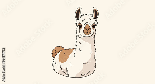 A cute cartoon llama with brown patches sits calmly on a light background