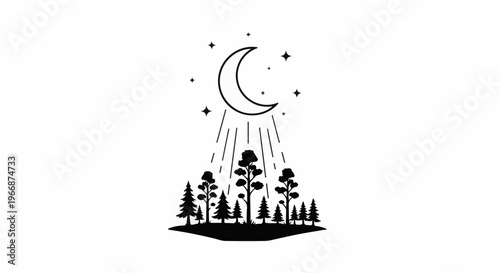 A crescent moon shines down on a silhouette of trees under a starry sky