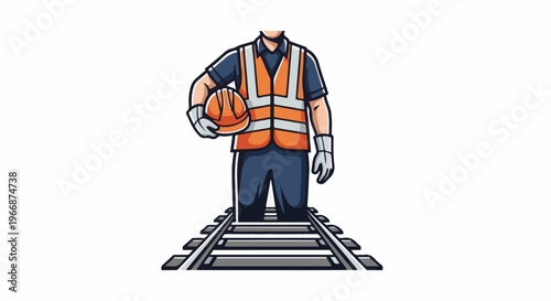 Cartoon worker in safety vest and hard hat on train tracks