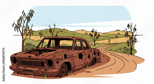 Abandoned rusty car sits on a dirt road in a barren landscape