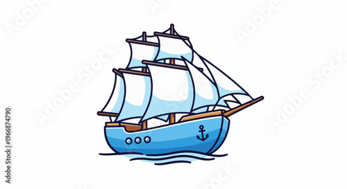 A cute cartoon sailing ship with blue sails and hull navigates the ocean