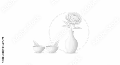 A delicate peony in a vase with two small bowls and a subtle circular frame