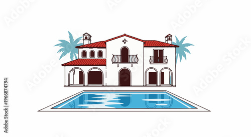 A white villa with red tiled roofs and balconies, beside a pool and palm trees