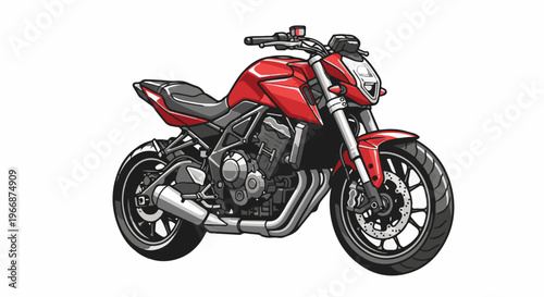 A stylized red motorcycle with detailed engine, front fork, and wheels