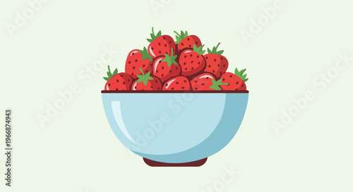A light blue bowl filled with ripe red strawberries