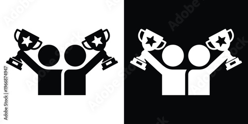 Two people silhouettes holding champion trophies with stars. Represents teamwork, joint victory, partnership success, and winning results. Professional flat design for business or sports.