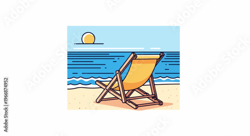 A lone yellow beach chair sits on a sandy shore facing the ocean