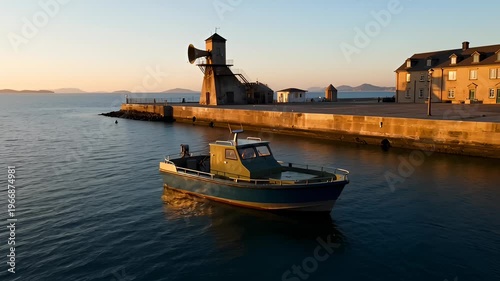 Small Boat Anchored in Harbor Near Old Lighthouse and Buildings at Sunrise