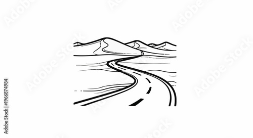 A winding road curves through a barren landscape with distant mountains