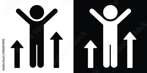Silhouette of a man with arms up standing between two rising arrows. Symbolizes personal development, career advancement, male growth, and positive performance metrics. Flat vector style.