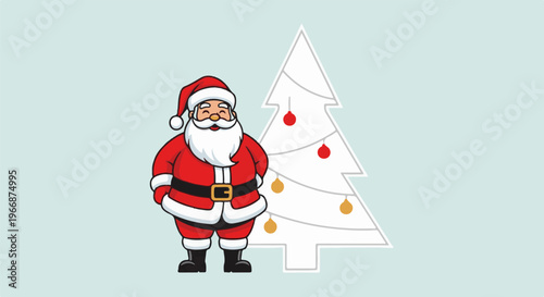 Cheerful cartoon Santa Claus stands next to a white Christmas tree with ornaments