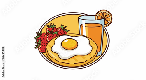 A whimsical illustration of a breakfast meal with a fried egg, strawberries, and orange juice