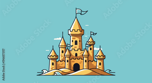 A whimsical golden castle stands on sandy dunes with a bright blue sky