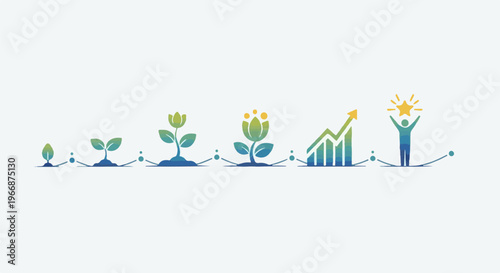 A visual metaphor of growth from seedling to success, illustrated through plants and charts
