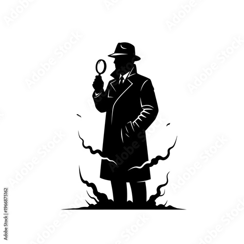 Silhouette of a Detective with Magnifying Glass in Black and White.