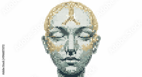 A stylized portrait of a face made from numerous small dots