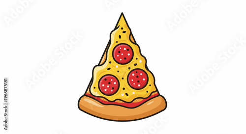 A vibrant cartoon slice of pepperoni pizza with melted cheese and red sauce