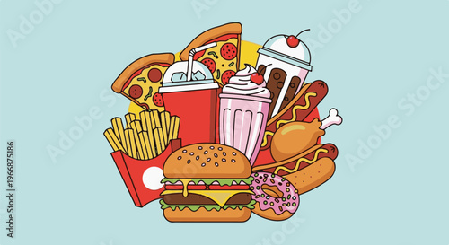 A vibrant cartoon illustration of a pile of various fast foods