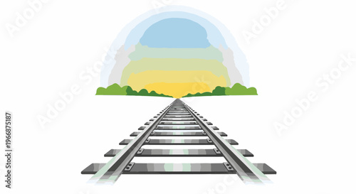 A vibrant, cartoonish landscape of railroad tracks leading to a colorful sunset