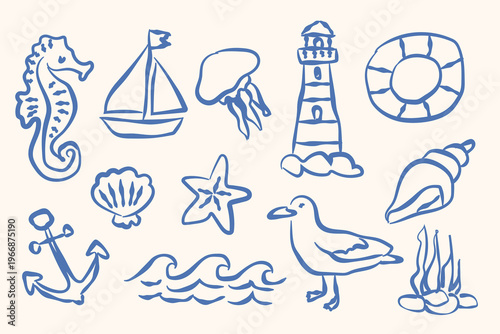 Sea doodle icon set hand drawn naive vector illustration