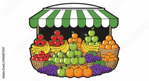 A vibrant, cartoon-style fruit stand overflowing with fresh produce