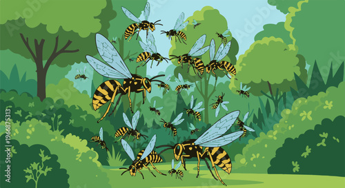 A swarm of yellow and black insects fills a lush green forest