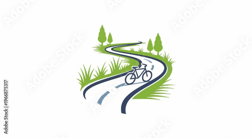 A winding road with a bicycle, trees, and grass