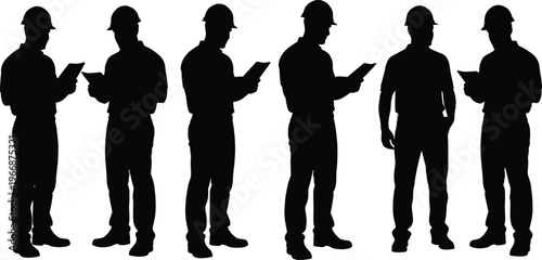 Construction worker silhouettes using tablet devices, engineer inspection poses, industrial workers with digital technology isolated on white background