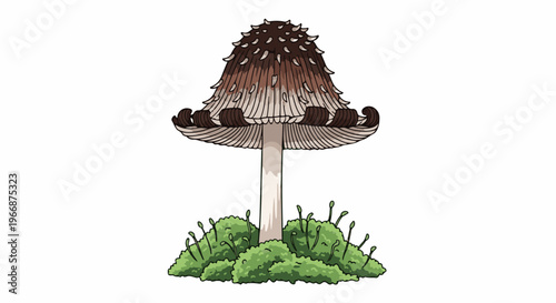 A tall, brown-capped mushroom with white gills grows in green moss