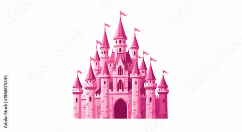 A tall pink castle with multiple towers and flags, against a white background