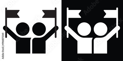 Two people silhouettes holding champion trophies with stars. Represents teamwork, joint victory, partnership success, and winning results. Professional flat design for business or sports.