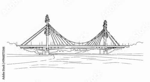 A suspension bridge with tall towers and cables spans across water, sketched
