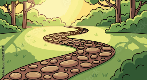 A winding stone path leads through a sun-dappled forest clearing