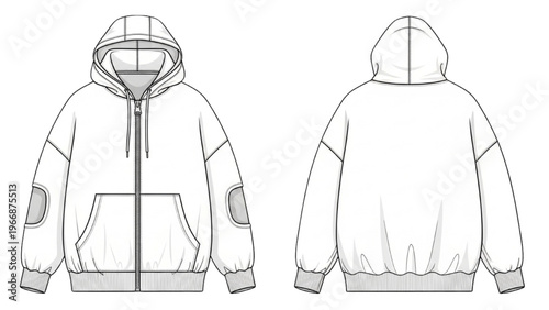 Vector CAD design style illustration of a hoodie front and back