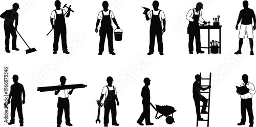 Construction worker silhouettes with tools, ladder, wheelbarrow and equipment, professional builders isolated on white background, industrial labor vector set