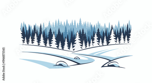 A stylized winter landscape with snow-covered hills and a forest