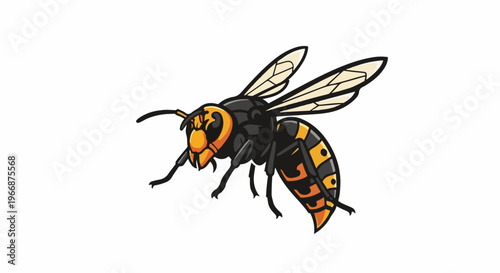 A stylized, black and orange hornet with transparent wings flies isolated on a white background