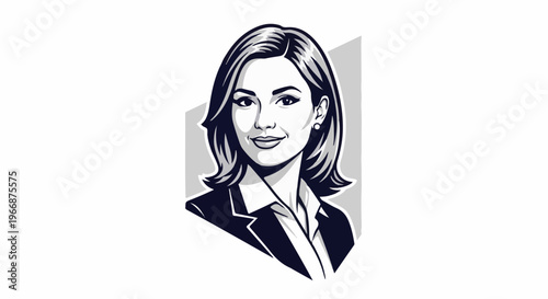 A stylized black and white portrait of a confident woman in a suit