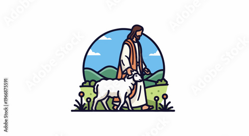 A stylized depiction of a figure walking with a sheep in a pastoral landscape