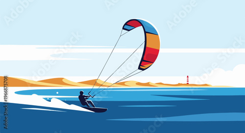 Kitesurfer rides on a blue ocean with a sandy shore and lighthouse