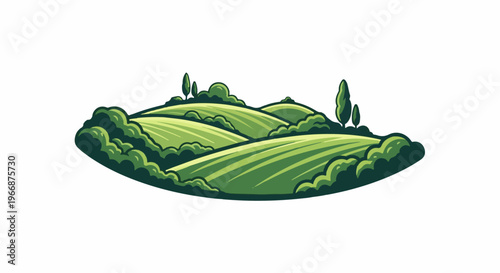 Rolling green hills with striped fields and lush trees, pastoral scene