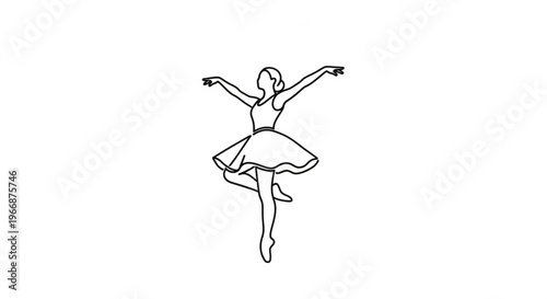 Elegant ballerina in dynamic pose with outstretched arms and flowing skirt dancing alone in a simple background