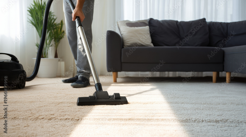 Fototapeta premium Person vacuuming a carpeted floor in a modern, empty living room