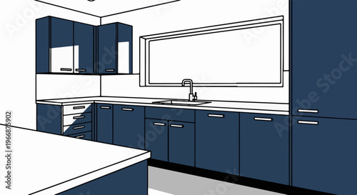 Minimalist kitchen design with deep blue cabinets, a wide window, and a sink