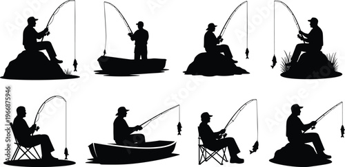 Fishing silhouettes collection, anglers catching fish from boat, chair and shore, outdoor hobby activity illustration set isolated on white background