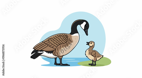 Parent and child geese stand by a pond on a grassy shore