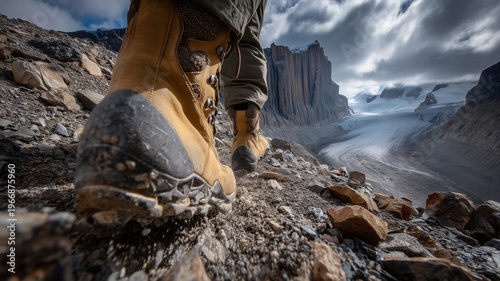 Close-up of high-altitude hiking boots on a rocky path overlooking a massive glacier and granite mountain peaks.